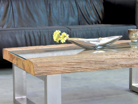 Massivholz Couchtisch modern aus Eisenholz mit Glasplatte + Edestahl Gestell auf Maß