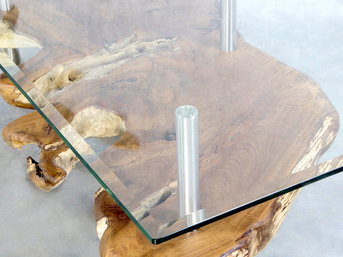 Couchtisch TV Konsole Lowboard aus einer Teak Baumscheibe mit Glas nach Maß von Picassi