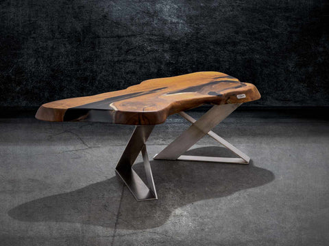Loft Tisch Unikat UNIQUE aus Teakholz Wurzel und Epoxidharz mit Baumkante Swing
