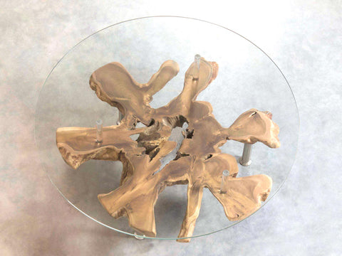 Couchtisch Design Star aus einer Baumscheibe mit Glasplatte auf Maß