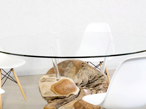 Designer Glas Esstisch rund mit Massivholz Teak Unterbau in verschiedenen Größen
