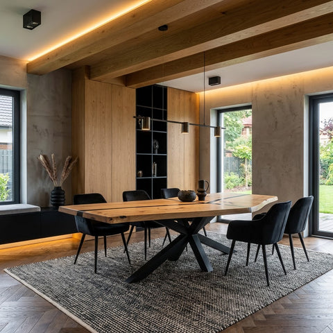 Esstisch Curve Design aus massiver Eiche mit dezenten Epoxidharz Verbindungen - X Untergestell