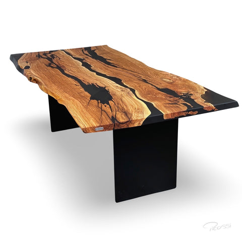 Design Epoxy Esstisch Unikat aus Olivenholz auf Stahlwangen