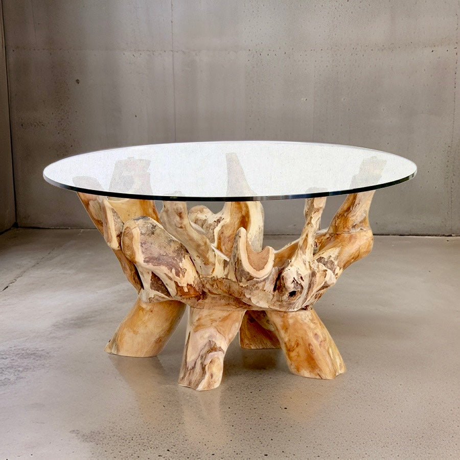 couchtisch massive teak wurzel mit runder glasplatte in 5 größen