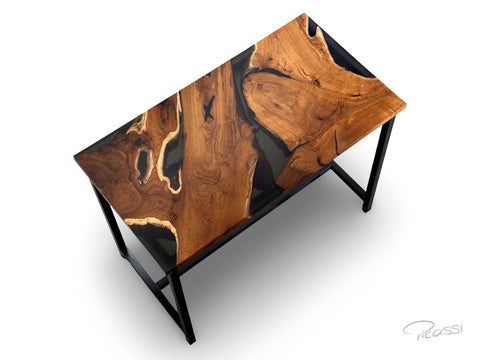 Bartisch Bartresen Rustico aus Teak Wurzelholz mit Epoxidharz in schwarz matt transparent