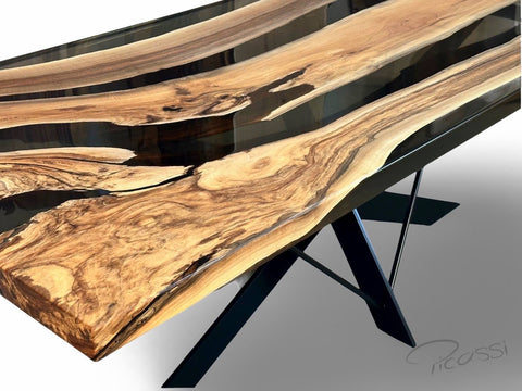 Exklusives Nussbaum Tischplatten Unikat mit Epoxidharz in Smoky Grey 220x100cm