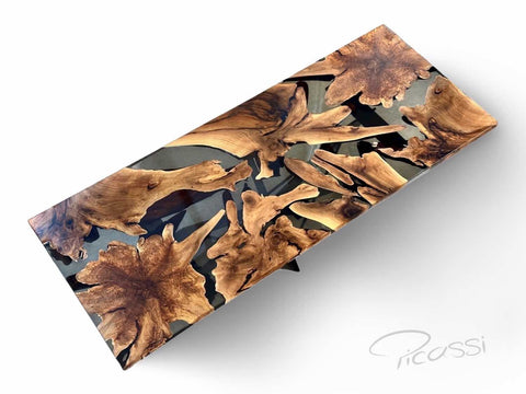 Tischplatten Rarität aus Wurzel Nussbaum und Epoxidharz in 250x100cm