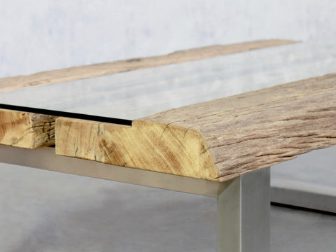 Massivholz Couchtisch modern aus Eisenholz mit Glasplatte + Edestahl Gestell auf Maß