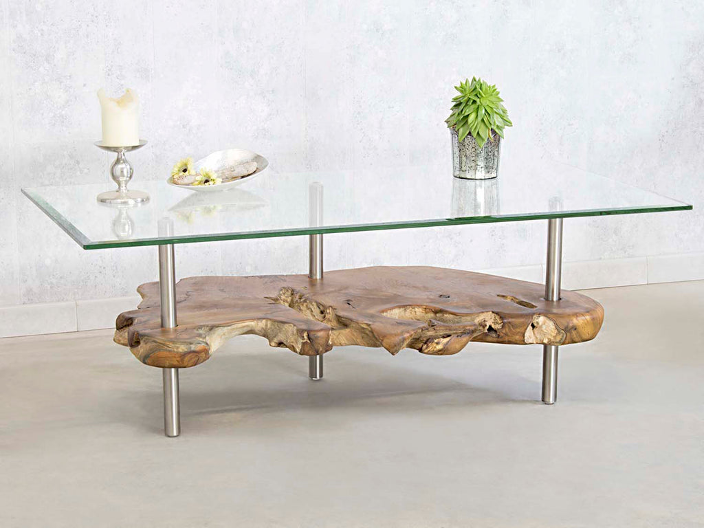 Couchtisch TV Konsole Lowboard aus einer Teak Baumscheibe mit Glas nac – Picassi