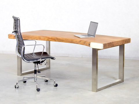 Massivholz Schreibtisch Esstisch aus einer Baumplatte Suar mit Edelstahl Untergestell