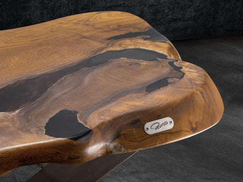 Loft Tisch Unikat UNIQUE aus Teakholz Wurzel und Epoxidharz mit Baumkante Swing