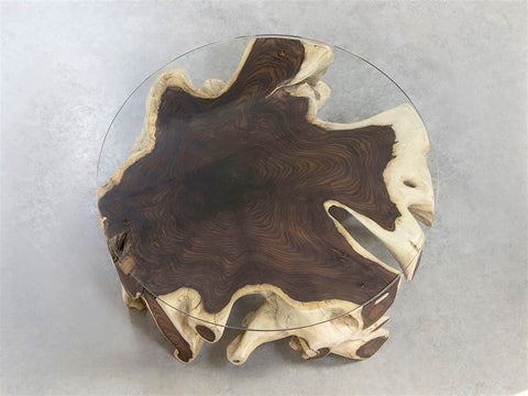 Unikat Tisch aus Wurzelholz mit runder Glasplatte in 80cm, 90cm, 100cm