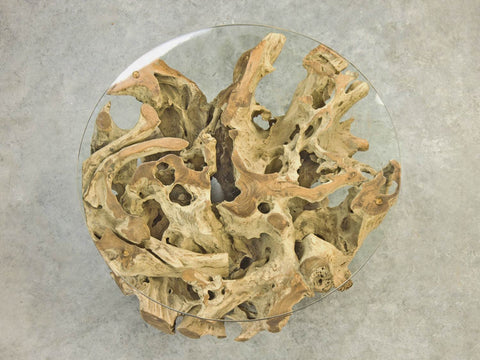 Baumwurzel Couchtisch aus Teak mit runder Glasplatte in 60cm | 80cm | 100cm