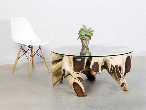 Unikat Tisch aus Wurzelholz mit runder Glasplatte in 80cm, 90cm, 100cm