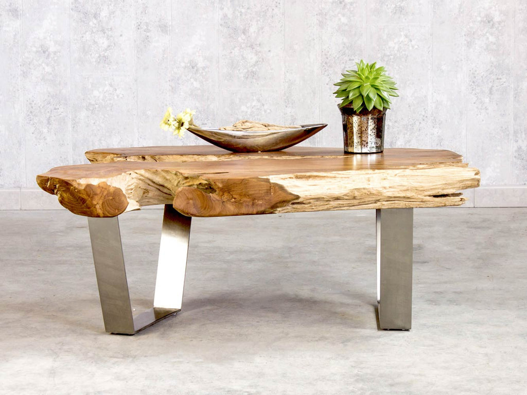 couchtisch massivholz teak mit edelstahl kufe v – picassi