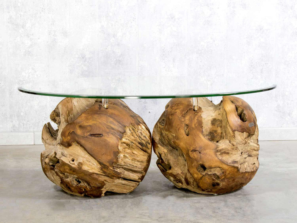 Couchtisch aus Teak Wurzelholz in Kugelform mit Glasplatte