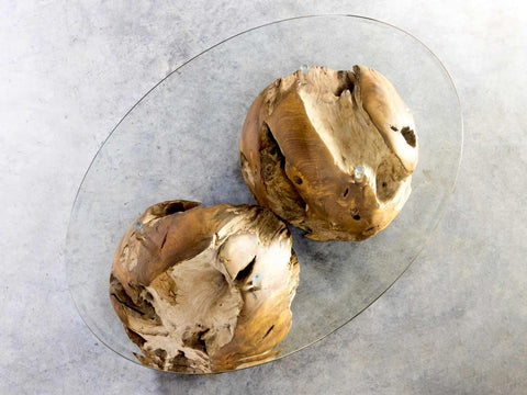 Couchtisch aus Teak Wurzelholz in Kugelform mit Glasplatte