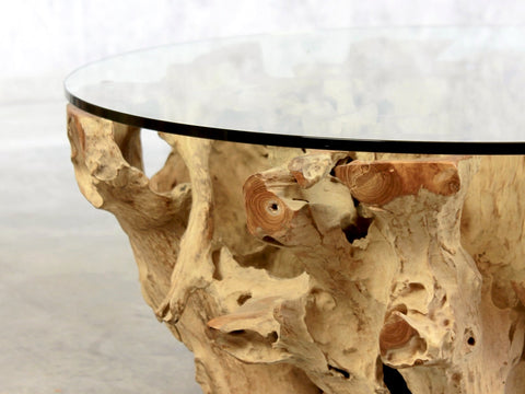 Baumwurzel Couchtisch aus Teak mit runder Glasplatte in 60cm | 80cm | 100cm