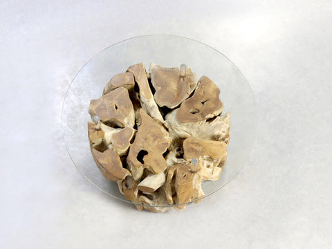 Wurzel Couchtisch Torres aus Wurzelholz mit runder Glasplatte auf Maß