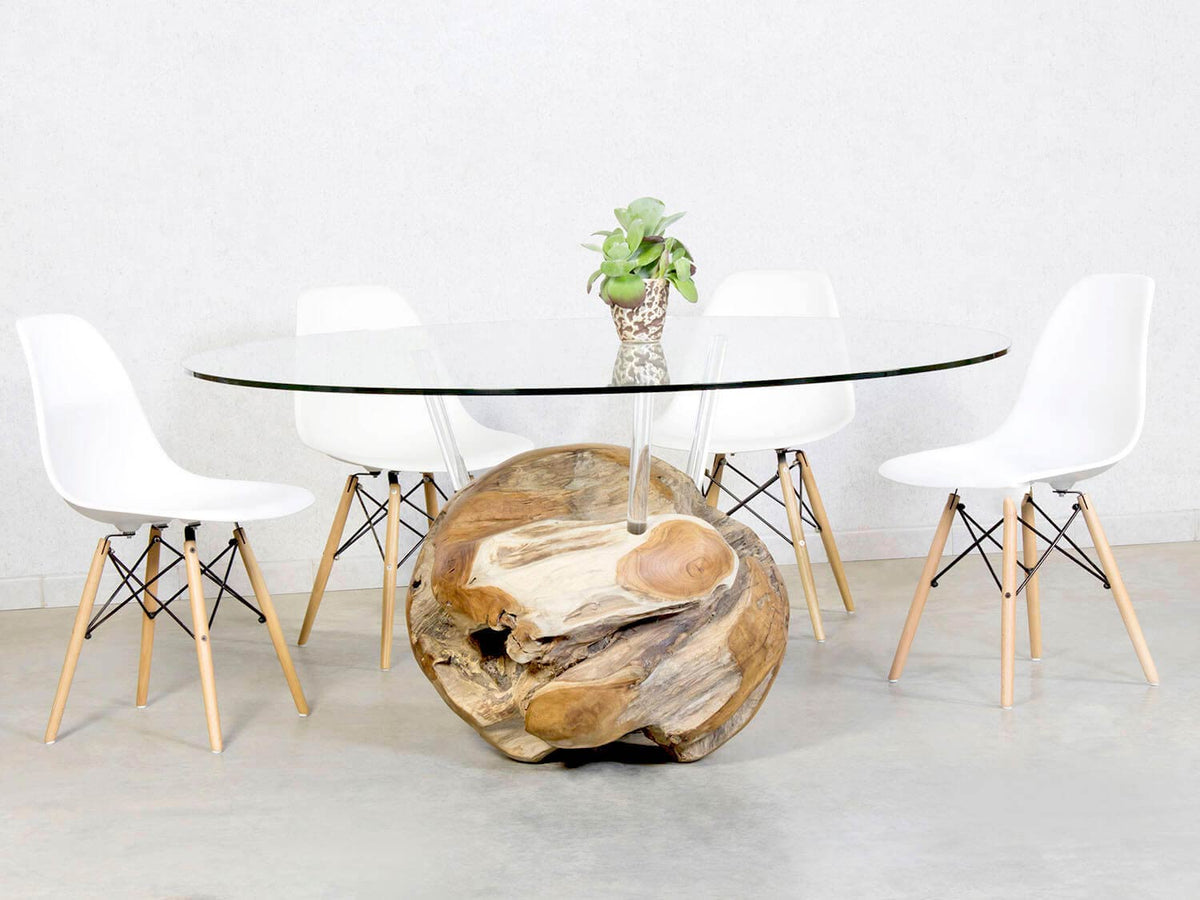 Designer Glas Esstisch rund mit Massivholz Teak Unterbau in verschiede ...